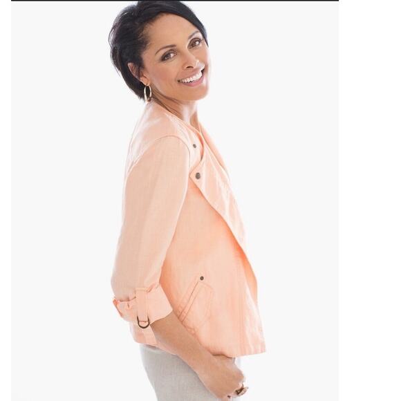 Chicos Peach Linen Draped Open Front Roll Tab Jacket US Women's 2 - Picture 1 of 9